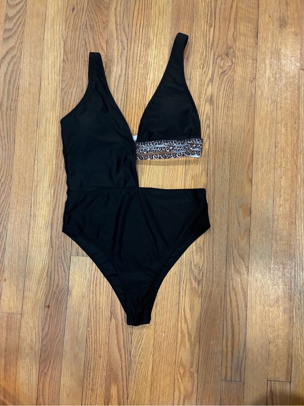 Women's Black One-Piece Swimsuit with Leopard Print Accent